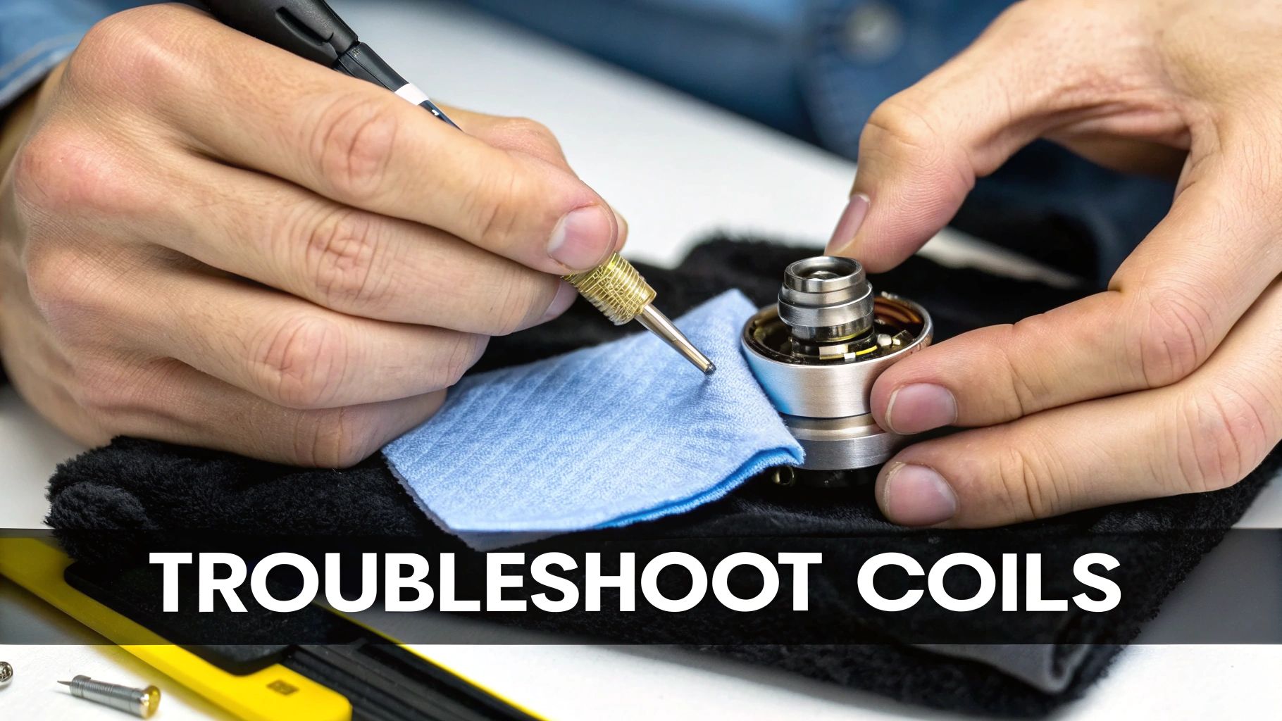 Close-up of hands troubleshooting or maintaining a vape coil using a precision tool.