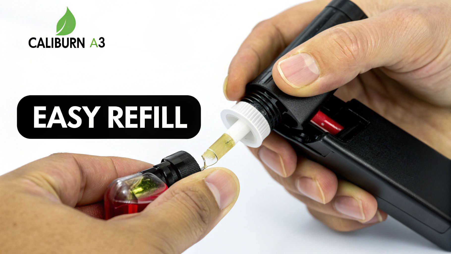 Close-up of hands refilling a Caliburn A3 vape pod with e-liquid, demonstrating easy refill.
