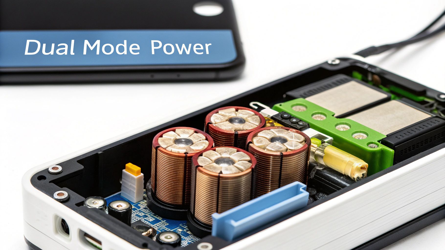 Close-up of internal electronic components, including large inductors, on a circuit board, with 'Dual Mode Power' visible in the background.