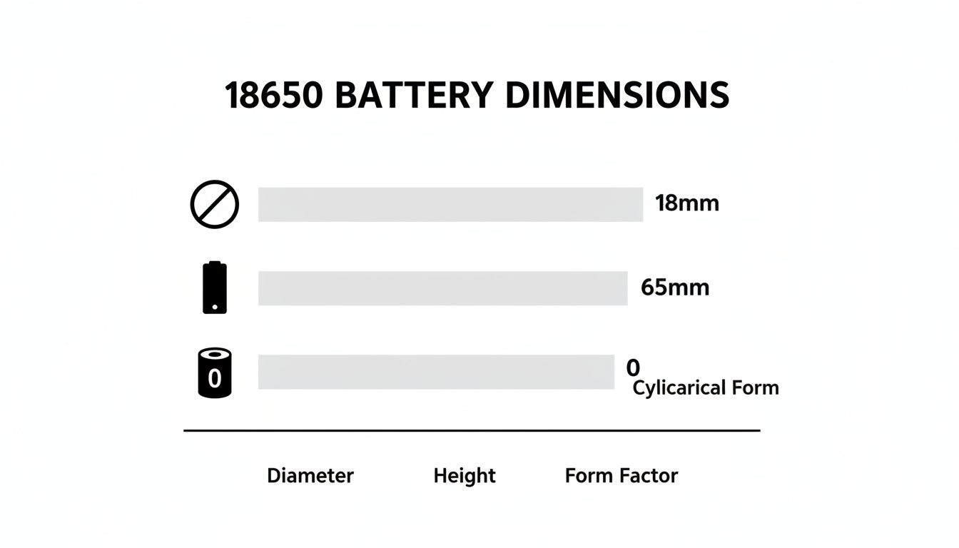 An infographic displaying 18650 battery dimensions: 18mm diameter, 65mm height, and cylindrical form factor.