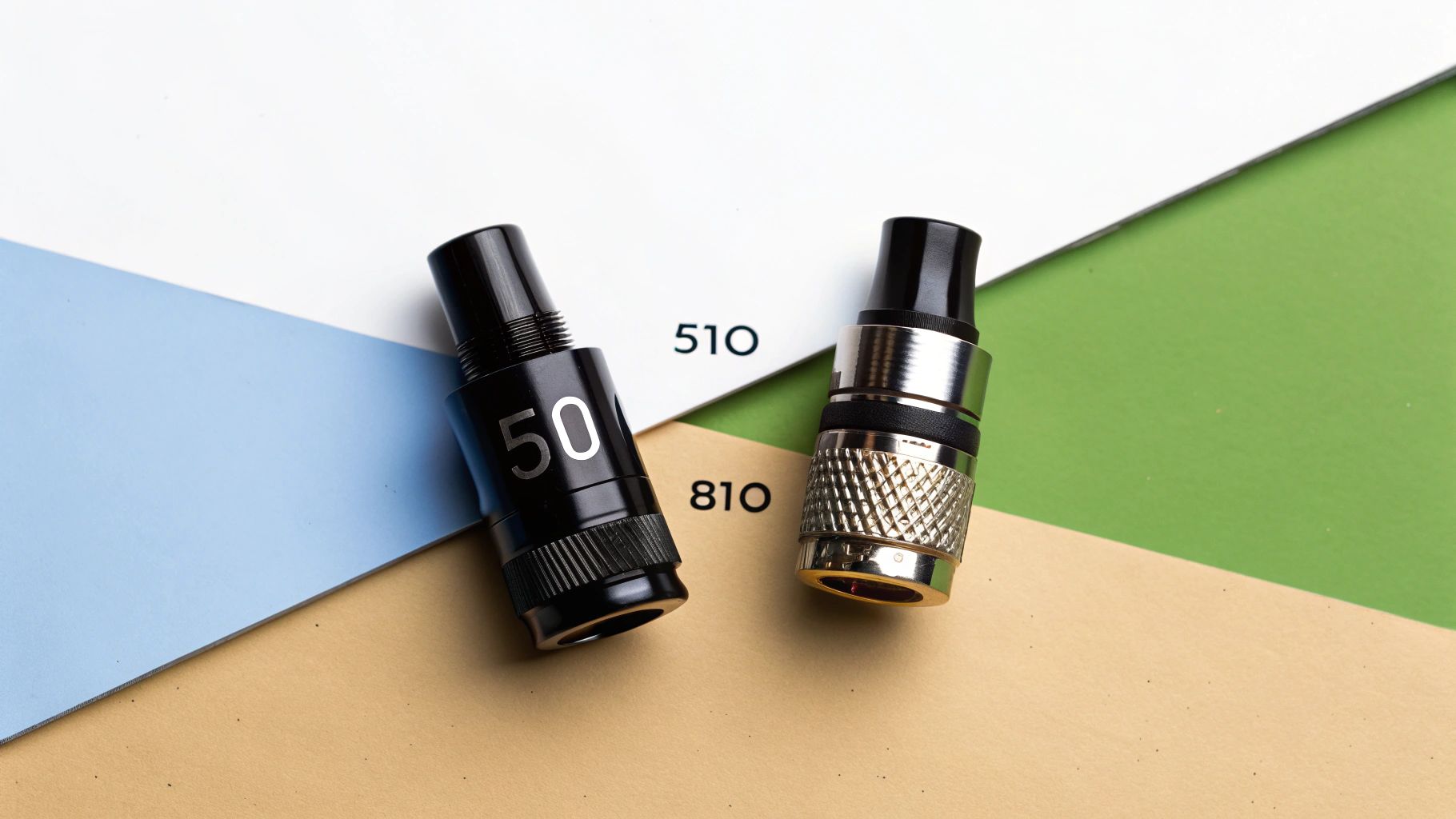 Two e-cigarette drip tips, black 510 and metallic 810, on a background of colored papers.
