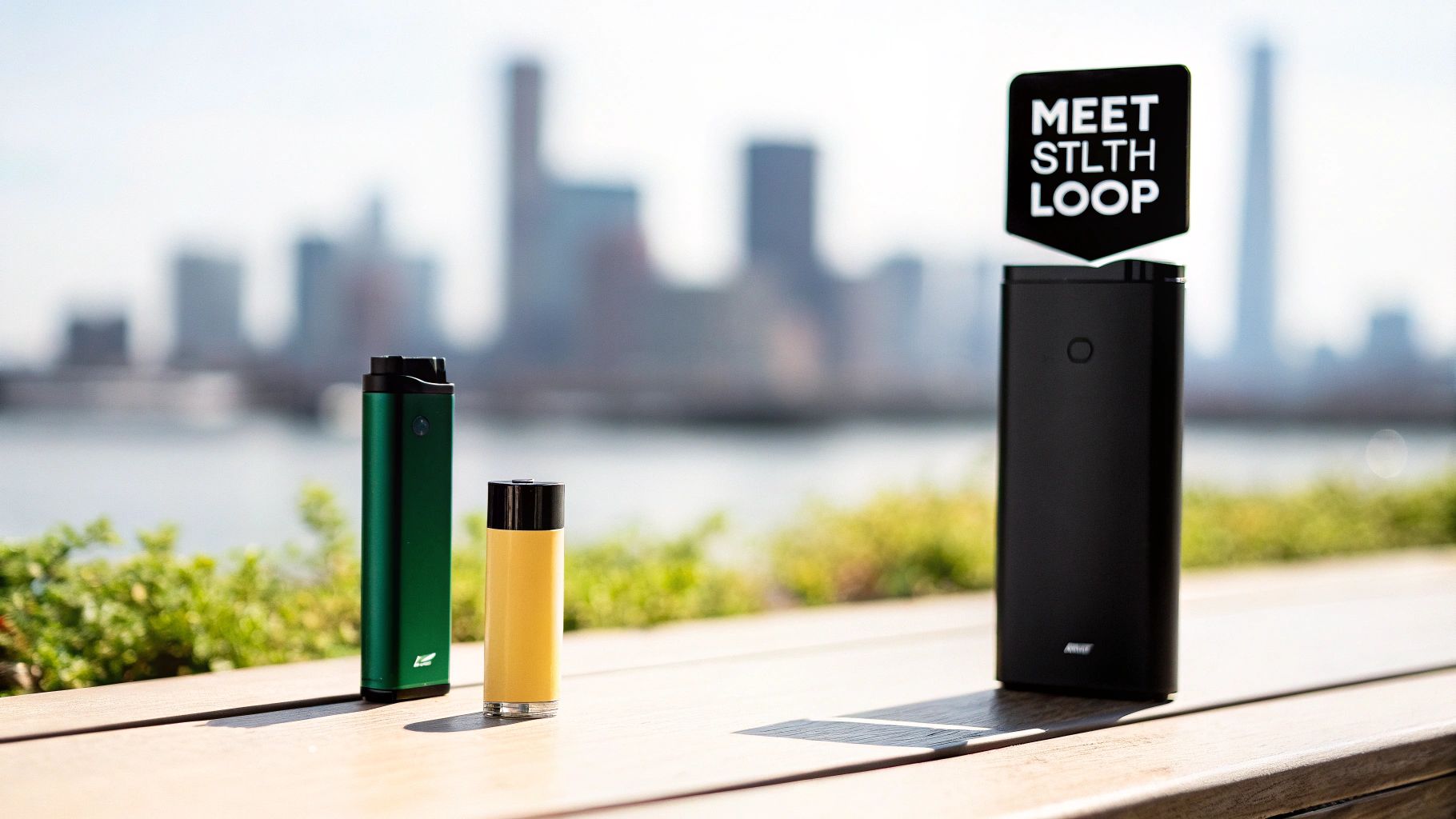 Three STLTH LOOP vaping devices, including green and black models, displayed outdoors with a blurred city skyline.