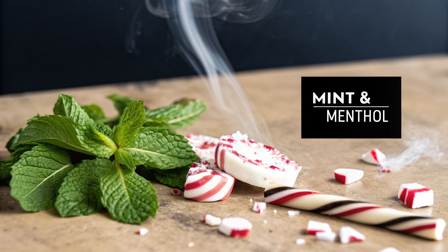 A close-up of fresh green mint leaves, various peppermint candies, and a candy cane, with smoke and 'MINT & MENTHOL' text.