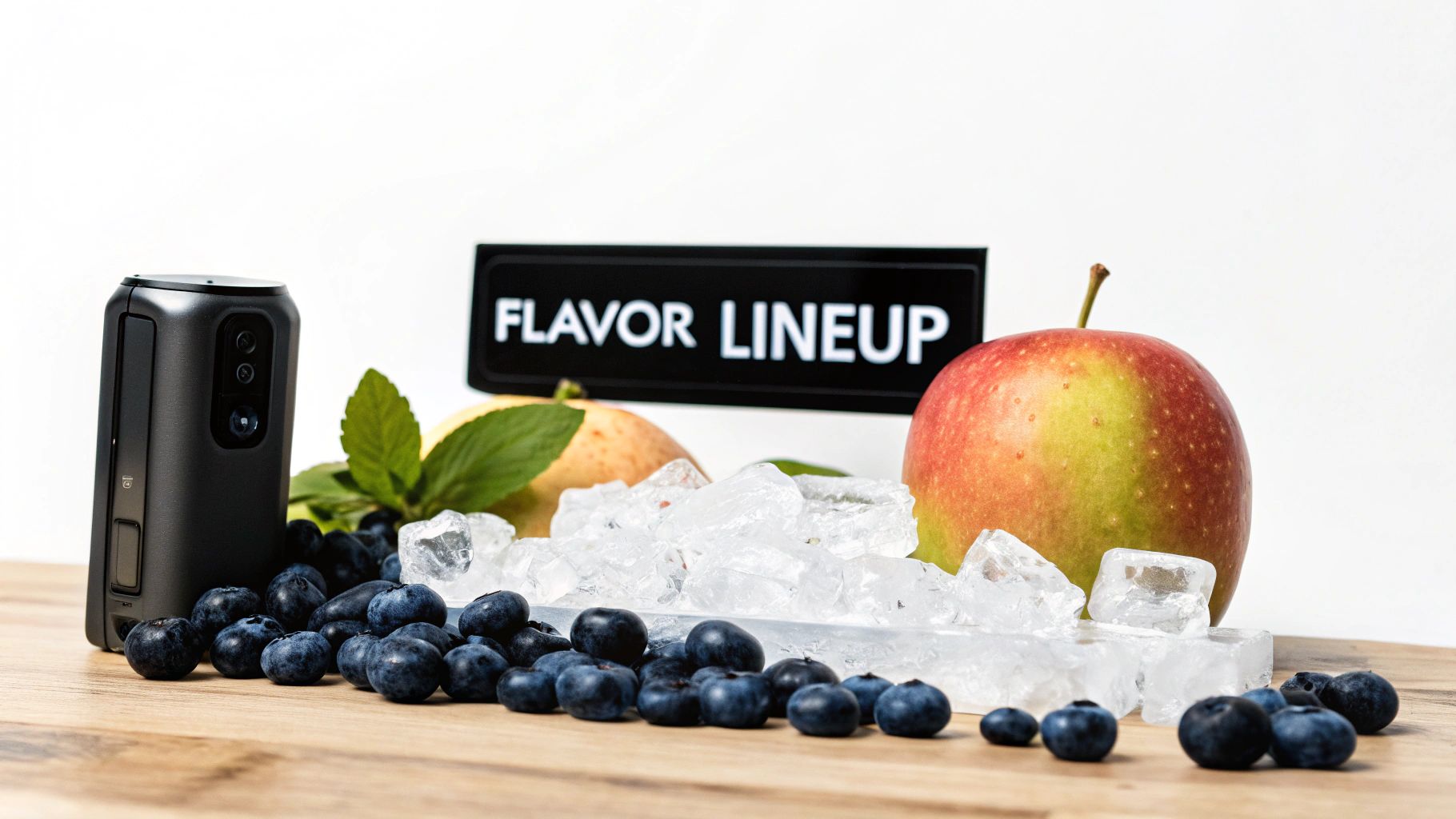 A black electronic device next to a 'FLAVOR LINEUP' sign, surrounded by fruit, ice, and blueberries.