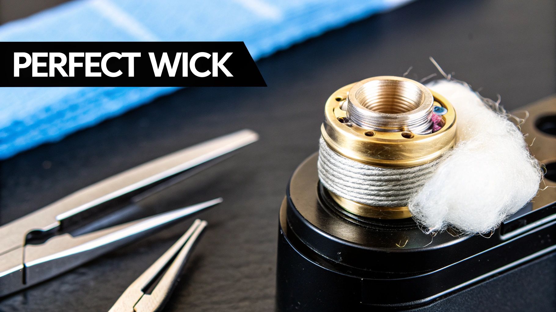 Close-up of a vape atomizer with new cotton wick being installed next to tools.