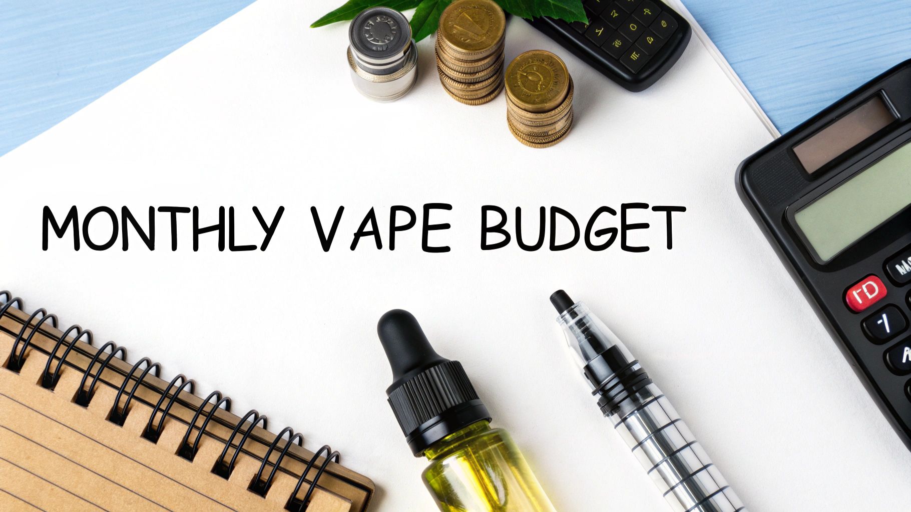 A white notebook with 'MONTHLY VAPE BUDGET' written, surrounded by coins, a calculator, pen, and vape liquid.