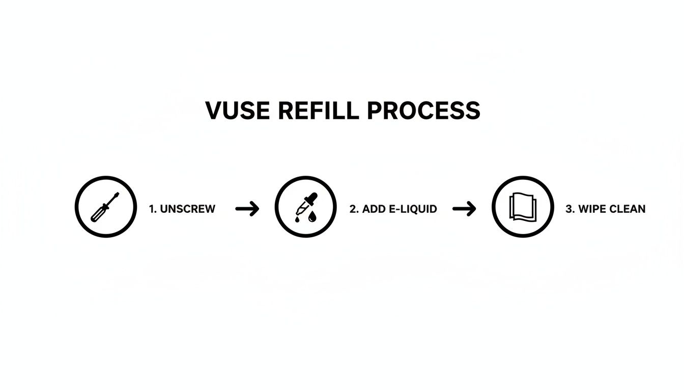 Three-step Vuse refill process showing icons for unscrewing, adding e-liquid, and wiping clean.