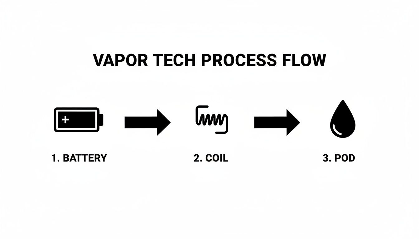 A diagram illustrates the vapor tech process flow: Battery icon, arrow, coil icon, arrow, and pod icon.