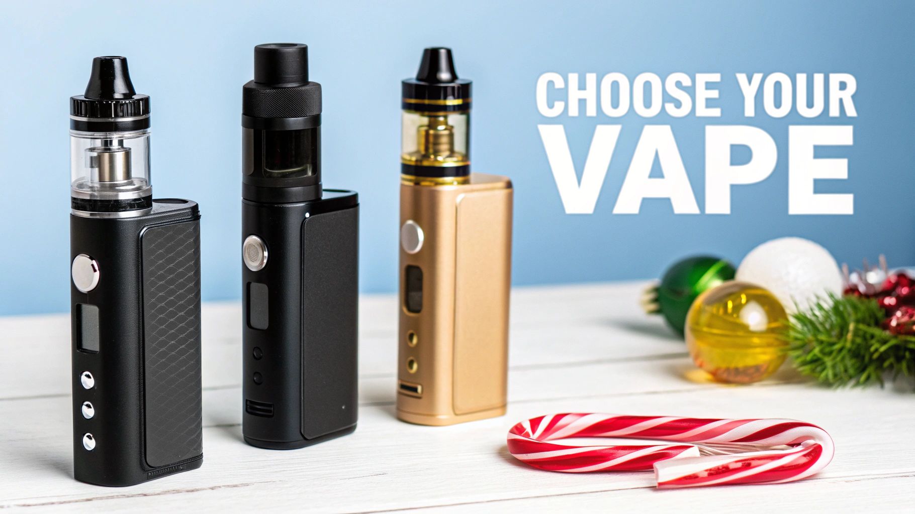 Three vape devices and Christmas decorations including a candy cane on a wooden table, with text 'CHOOSE YOUR VAPE'.