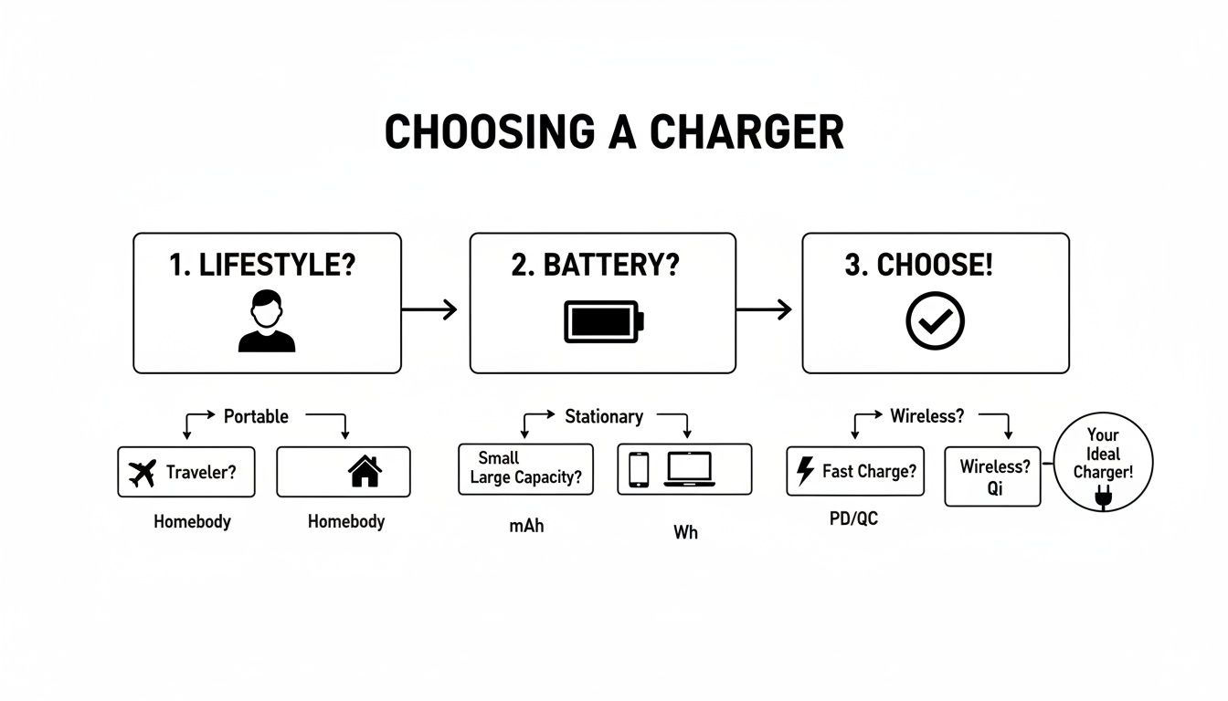 A flowchart explaining how to choose the ideal charger based on lifestyle, battery type, and features.