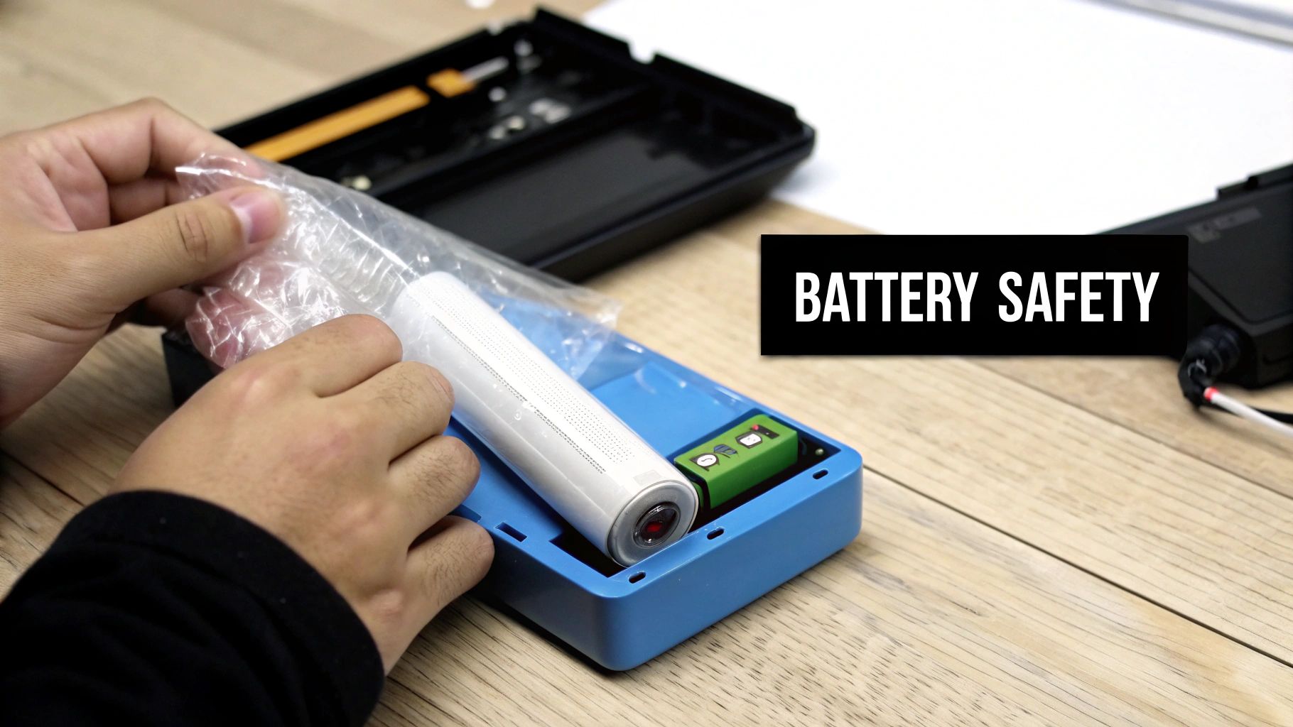 Hands assembling a white cylindrical device and a green battery pack into a blue case, with 'BATTERY SAFETY' text.
