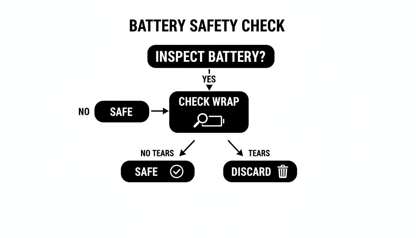 A black and white flowchart for battery safety check, guiding on inspecting battery wrap for tears.