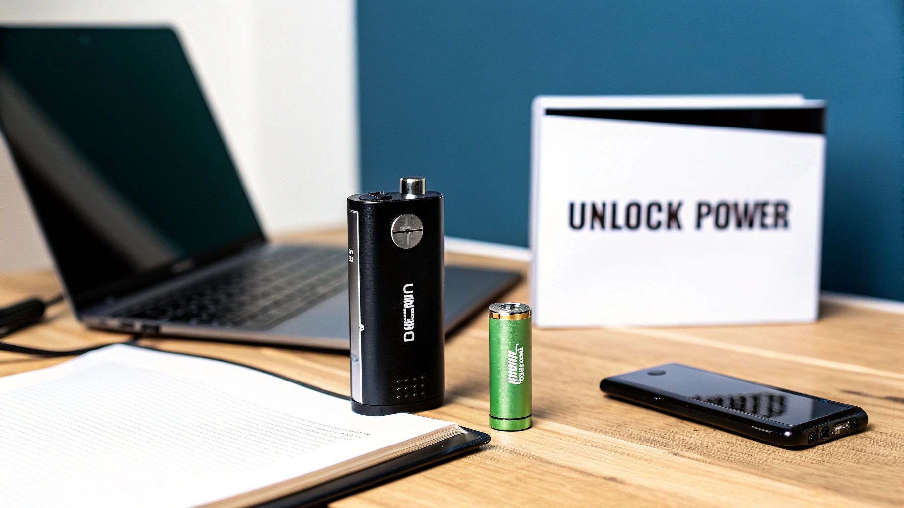 A desk with a black vape device, green 18650 rechargeable battery, laptop, smartphone, and notebook.