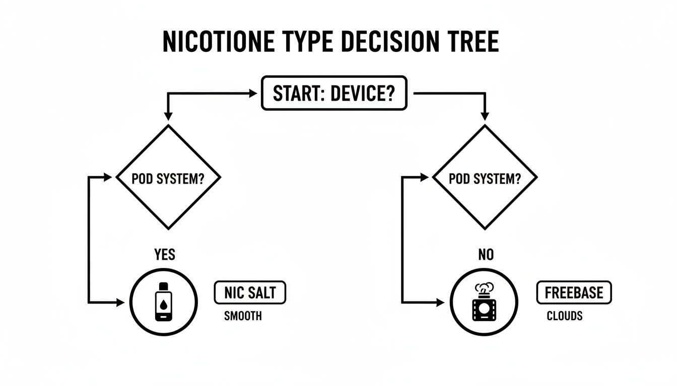 A flowchart showing a nicotine type decision tree based on whether the device is a pod system.
