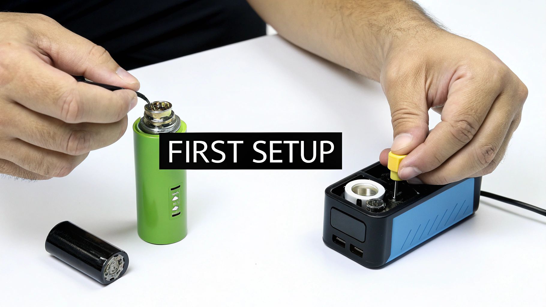 Hands setting up two different vaping devices on a white table, labeled 'FIRST SETUP'.