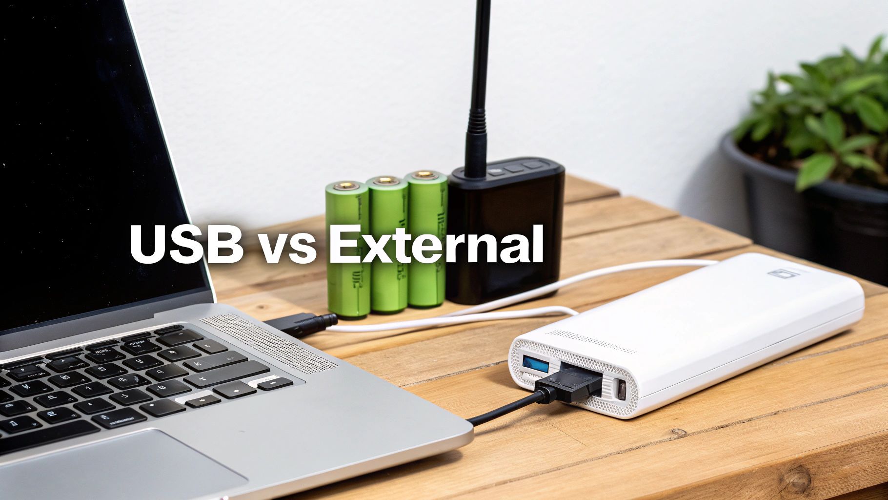 A laptop connected to a white power bank, with green batteries and a black charger on a wooden table.