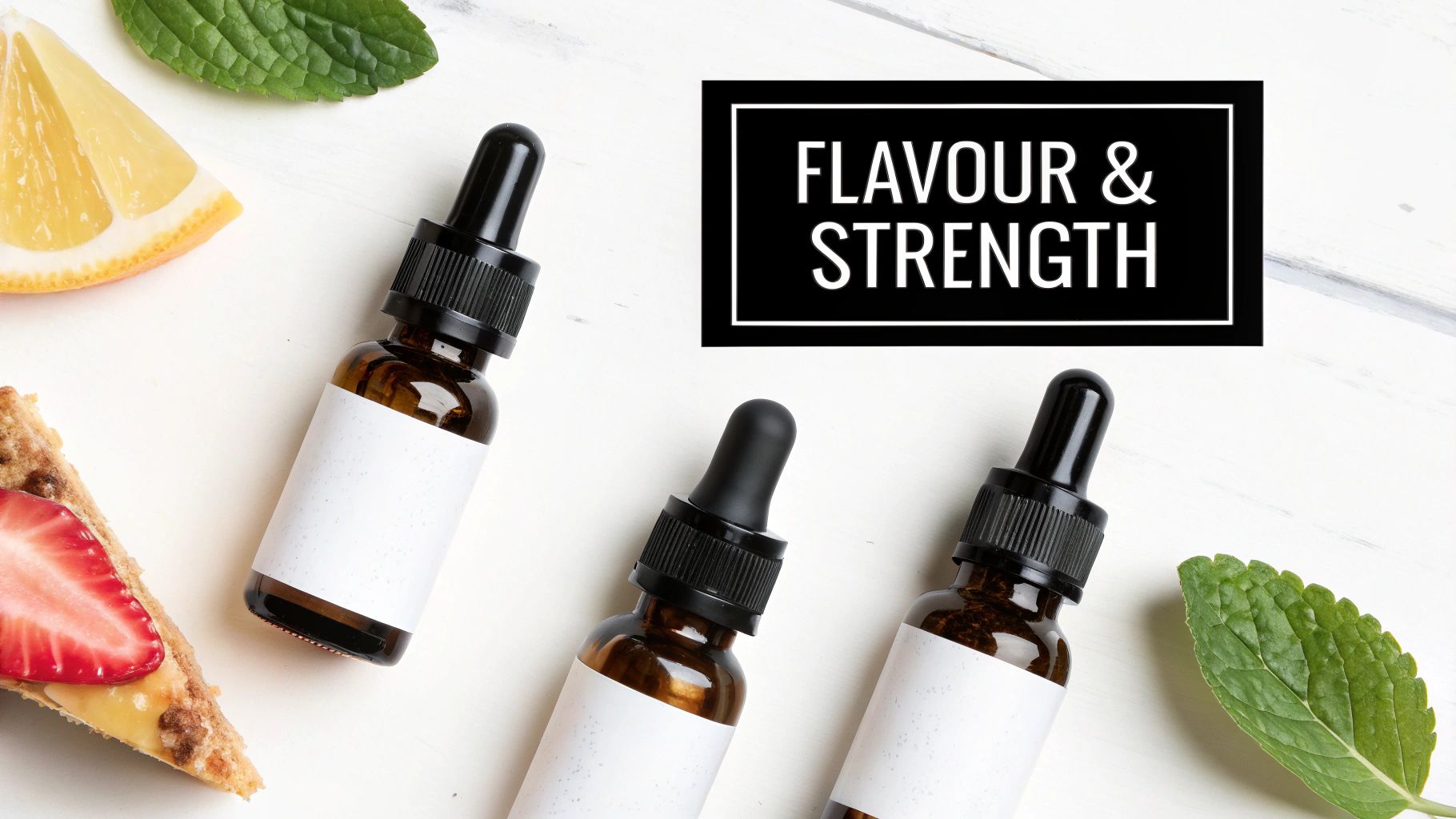 Three dropper bottles with blank labels, surrounded by fresh lemon, mint, and strawberry, with text 'FLAVOUR & STRENGTH'.