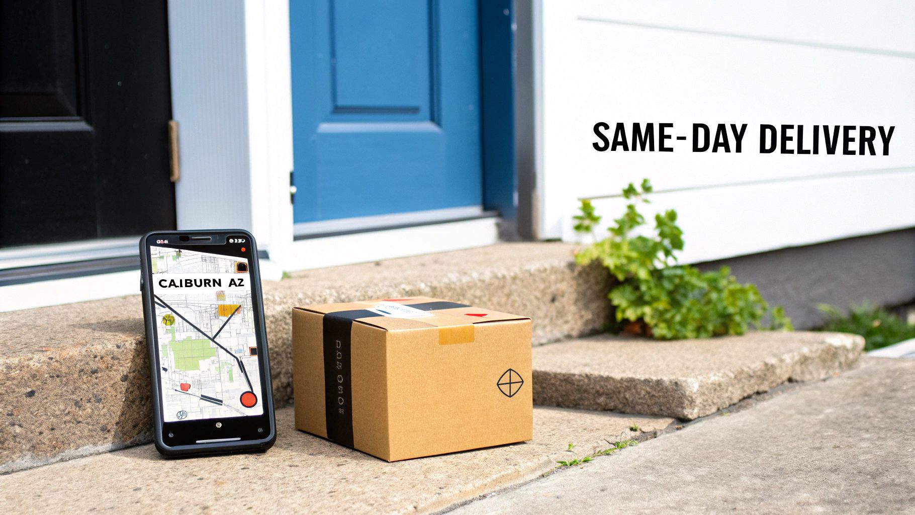 A smartphone displaying a map and a delivery box on a doorstep, emphasizing same-day delivery.