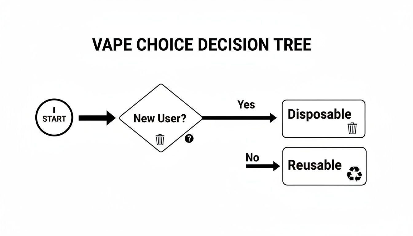 A vape choice decision tree flowchart. Start by asking 'New User?'. Yes leads to Disposable, No leads to Reusable.