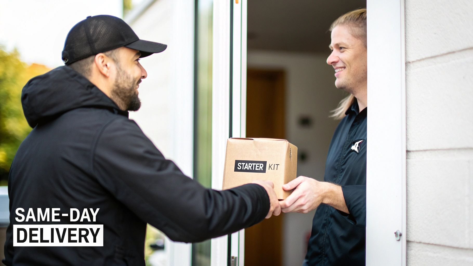 A delivery driver hands a 'STARTER KIT' package to a smiling customer, showcasing same-day service.