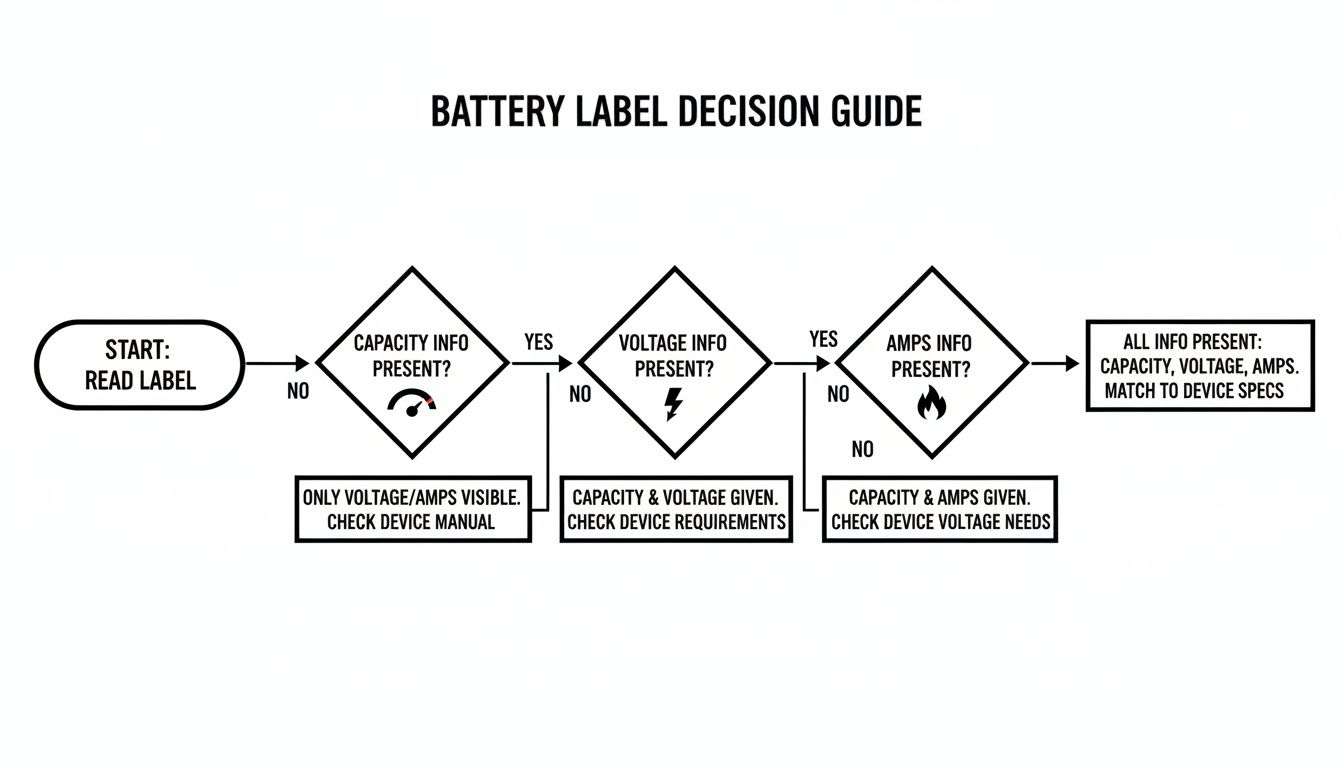 A flowchart guiding users on how to read a battery label for capacity, voltage, and amperage information.