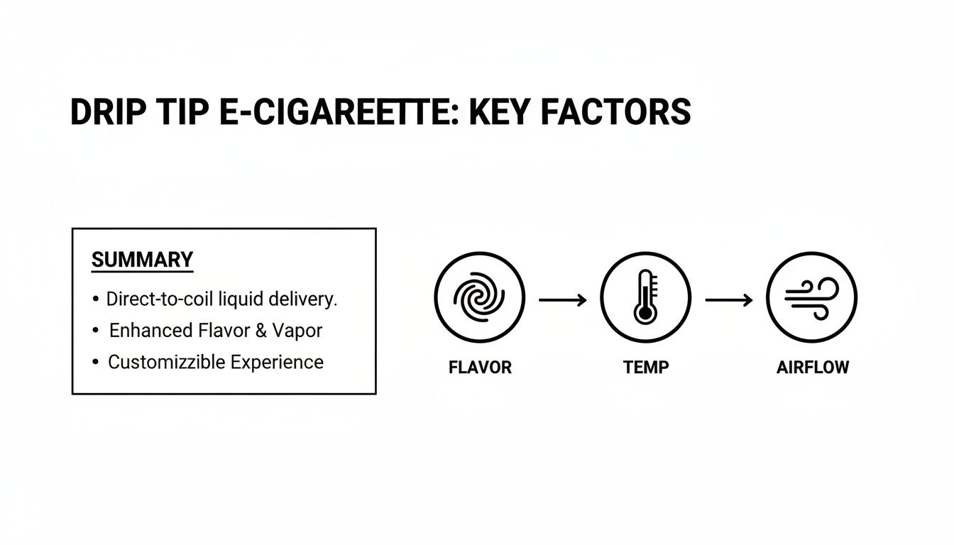 A diagram explaining drip tip e-cigarette key factors: flavor, temperature, and airflow, with a summary.