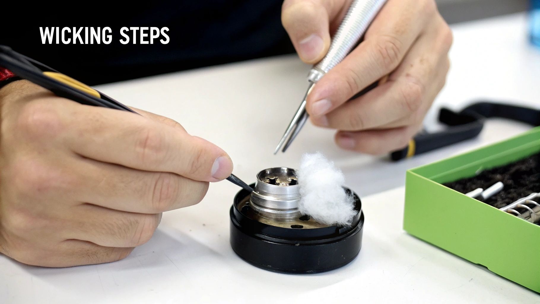 Hands using tweezers to adjust cotton on a rebuildable atomizer, demonstrating wicking steps for vaping.
