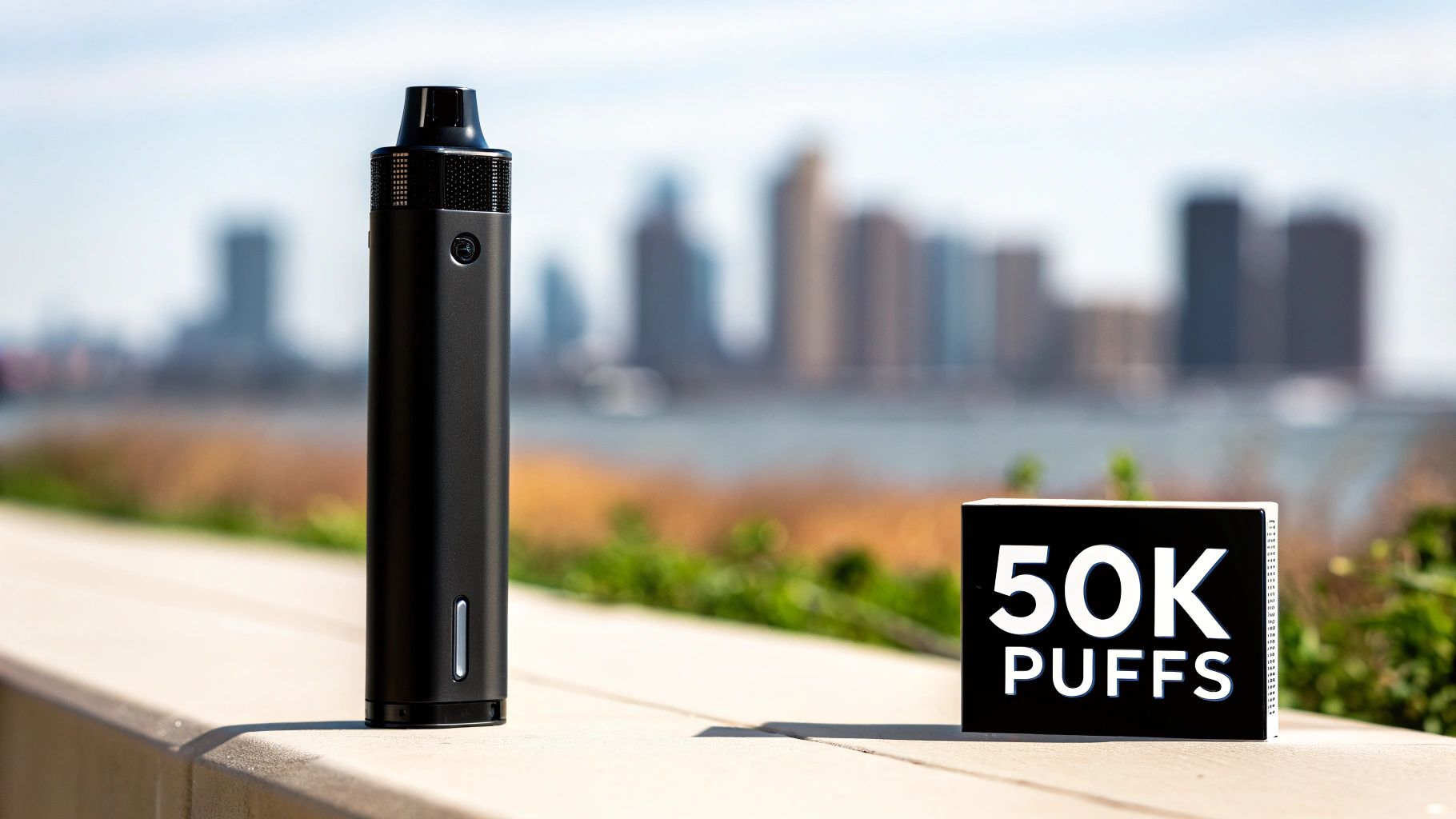 A black vape pen and a '50K PUFFS' box sit on a wall with a blurred city skyline.