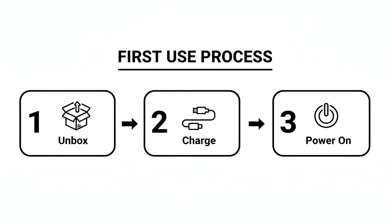 A three-step guide for first use: Unbox, Charge, and Power On, showing icons and numbers.