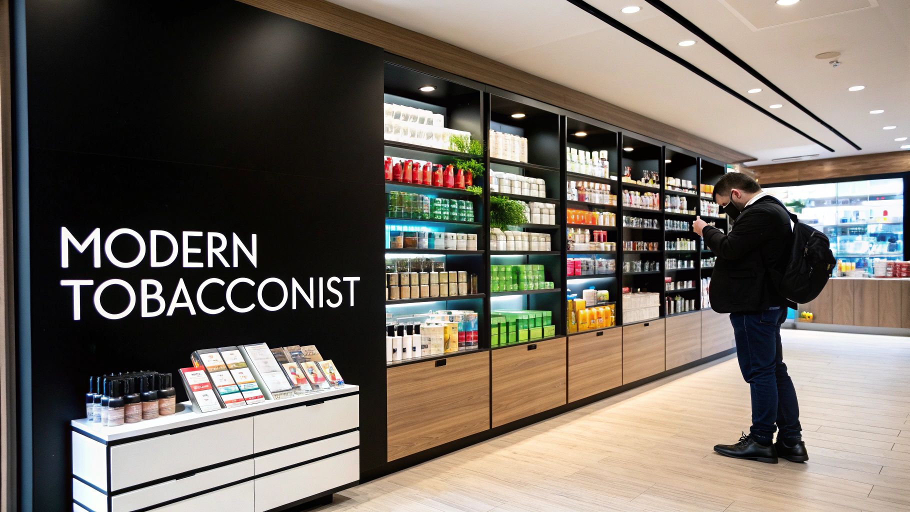 A man wearing a mask browses products in a modern store with a 'MODERN TOBACCONIST' sign.