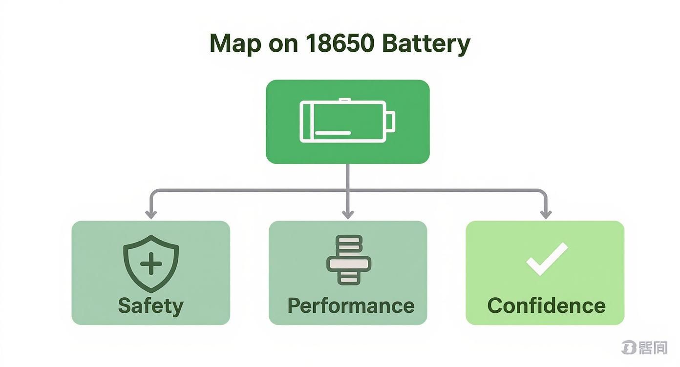 Flowchart outlining key aspects of 18650 batteries: safety, performance, and confidence.