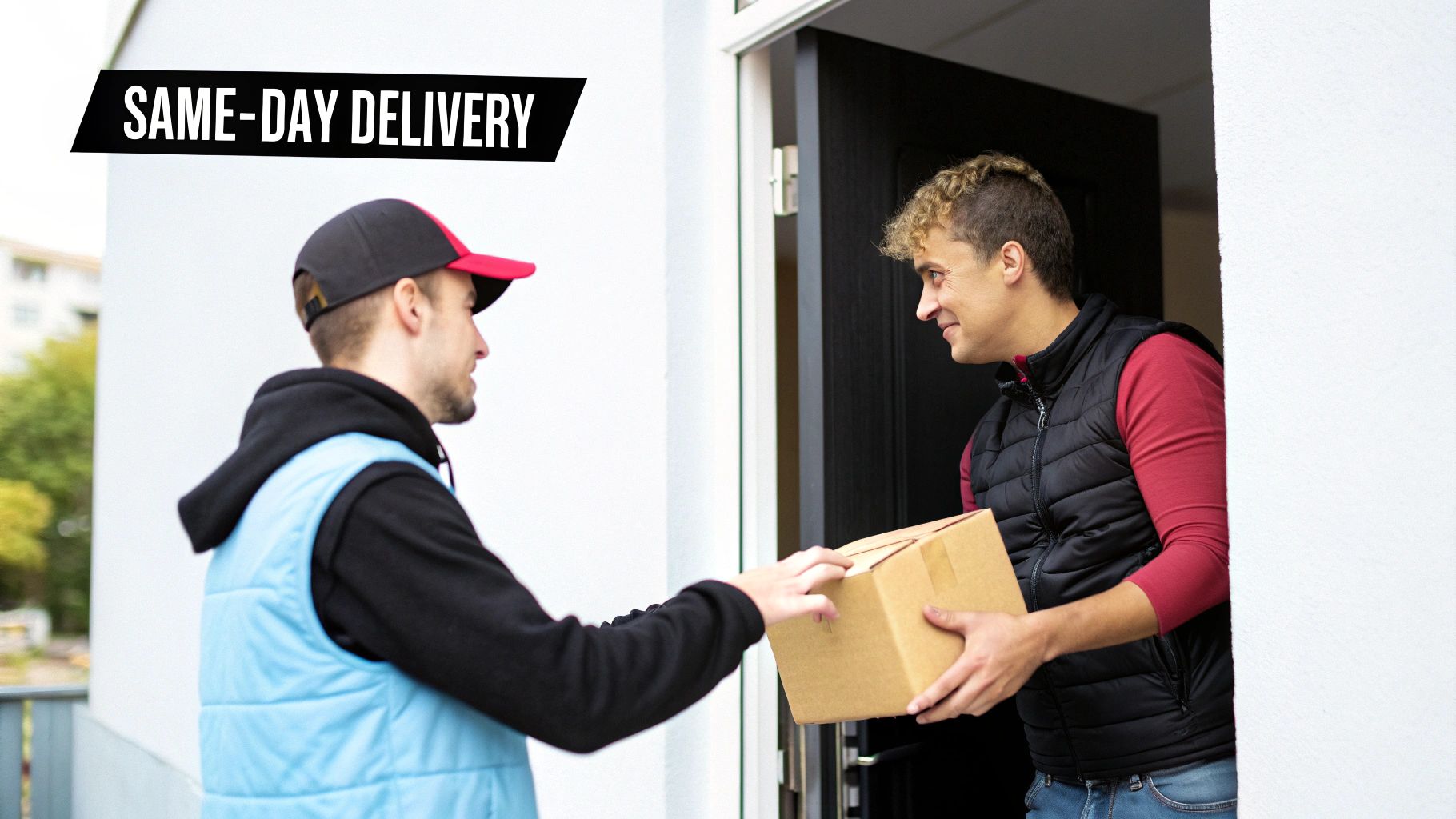 A delivery person hands a brown package to a smiling customer at their doorstep, with same-day delivery text.