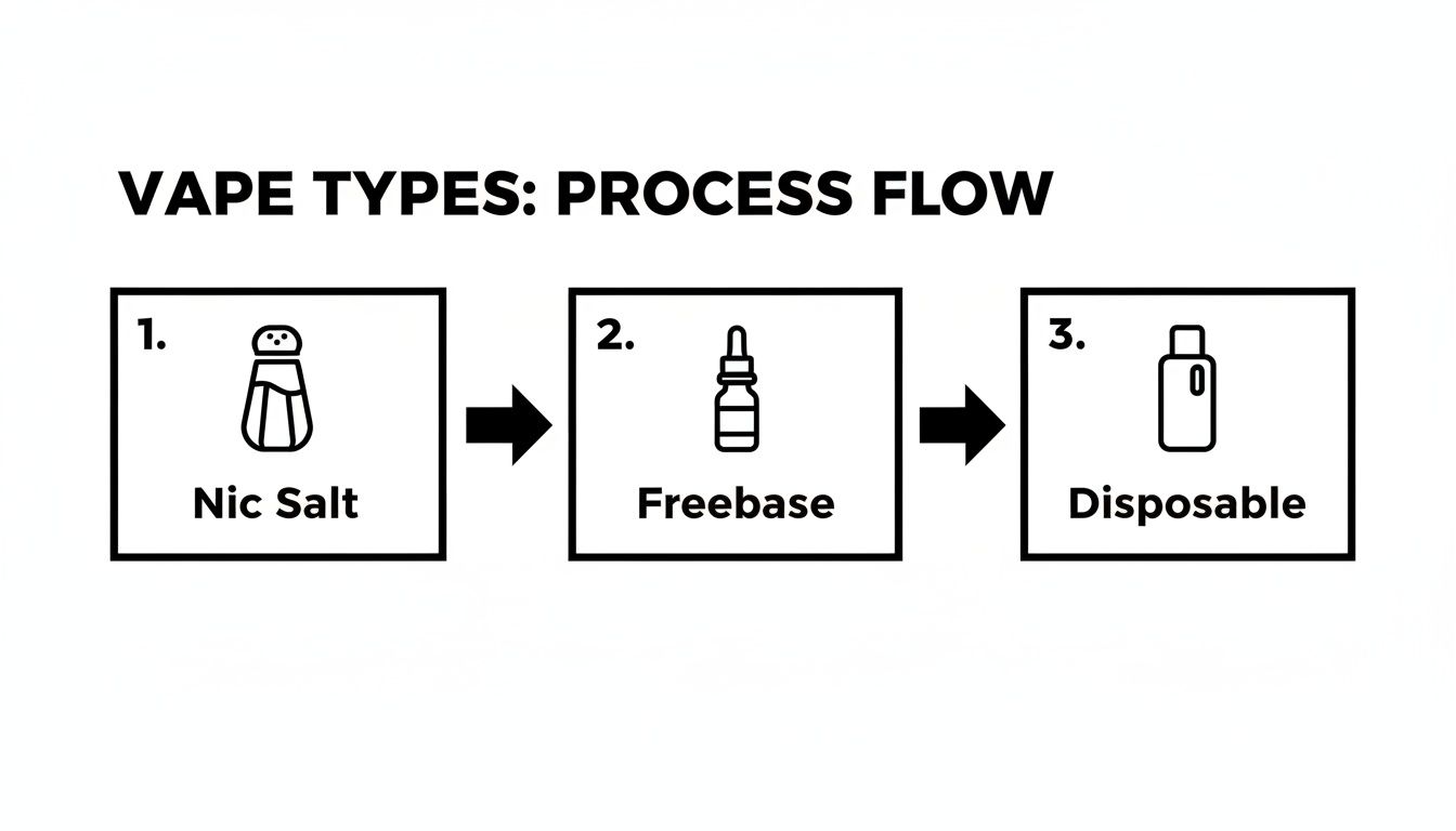 A process flow diagram titled 'Vape Types' showing Nic Salt, Freebase, and Disposable vape types.