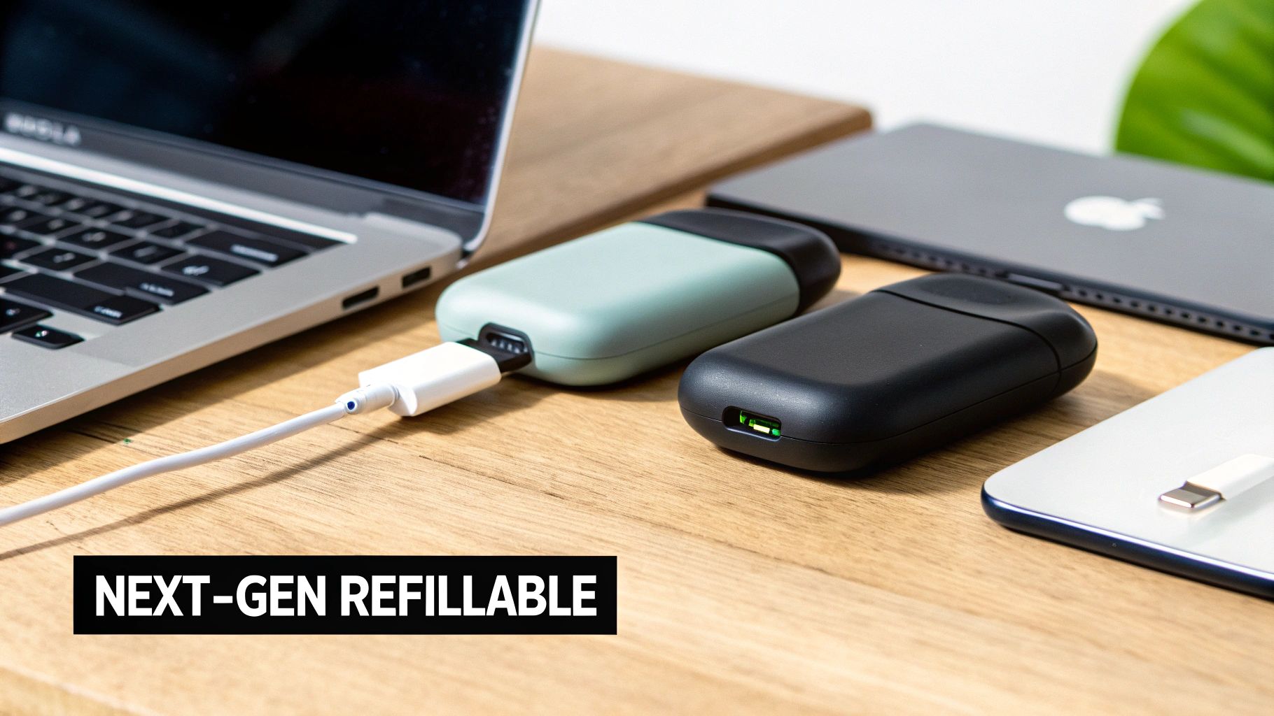 Close-up of modern refillable vaping devices and electronics on a wooden desk.