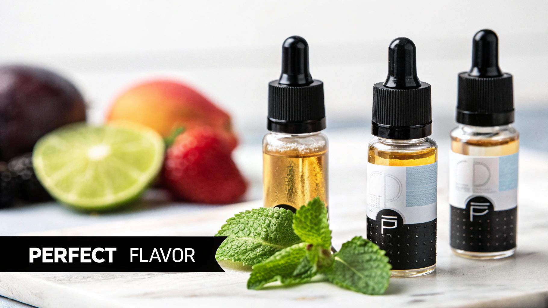 Three e-liquid bottles with droppers, fresh fruits like lime, strawberries, mint leaves, and "PERFECT FLAVOR" text.