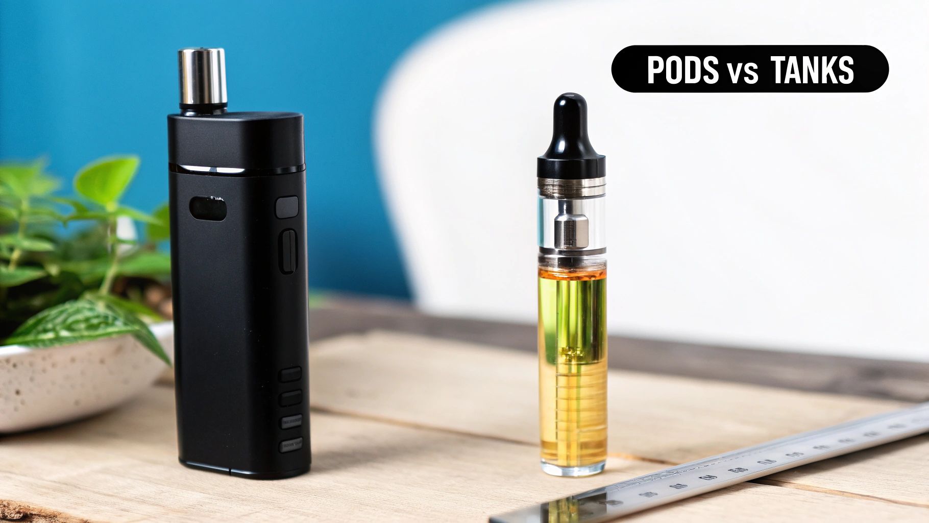 Two vape devices, a black pod system and a clear tank, on a wooden surface with a 'PODS vs TANKS' title.