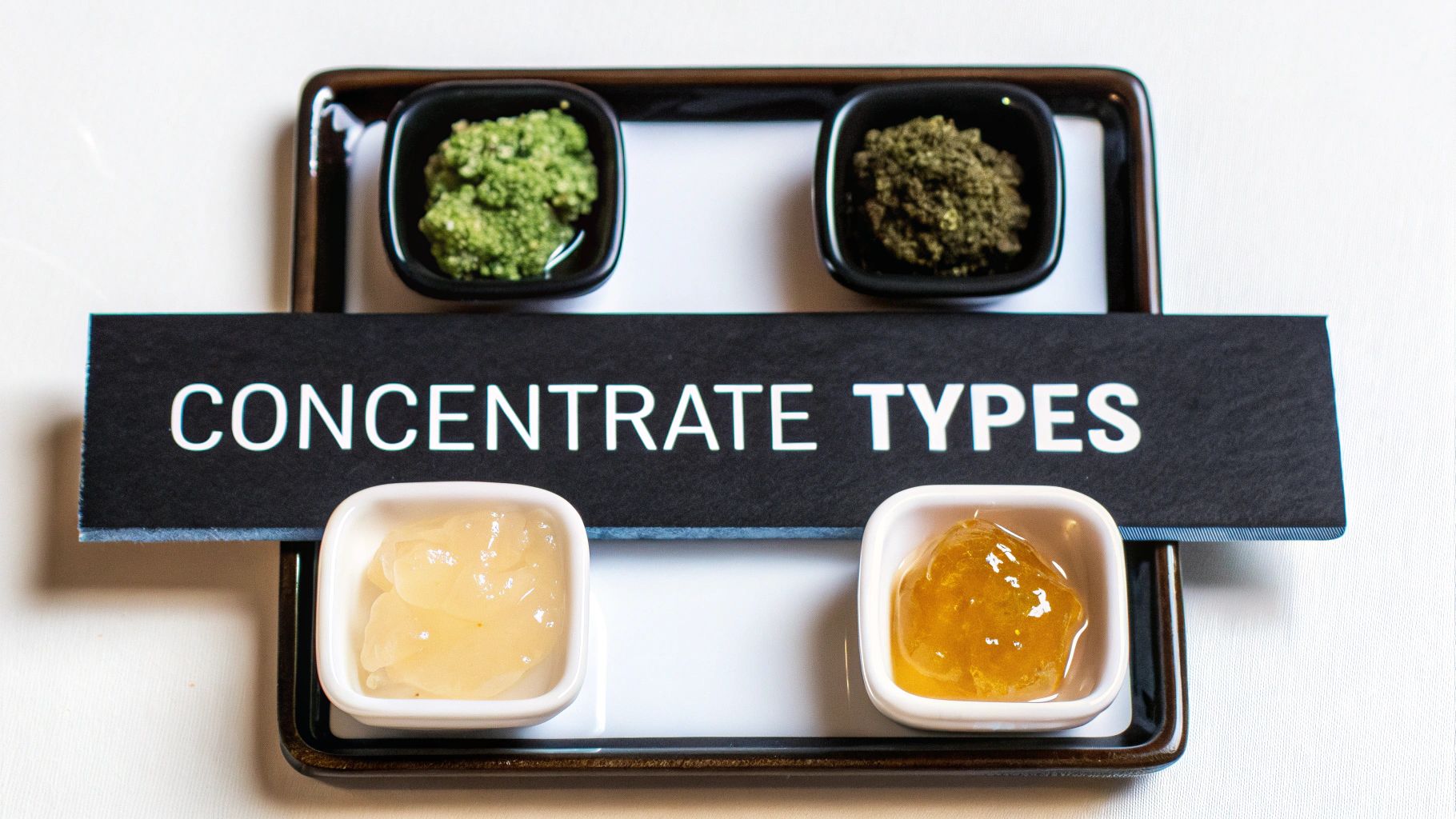 A top-down view of four different cannabis concentrate types displayed in small dishes on a tray with a sign.
