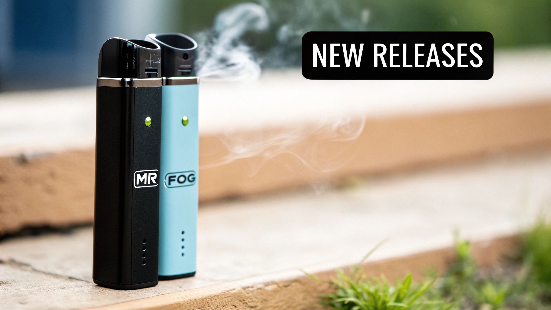 Two Mr. Fog vape devices, black and light blue, emitting smoke on a wooden surface with a 'NEW RELEASES' banner.