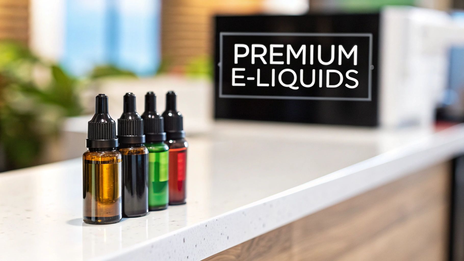 Several dropper bottles of premium e-liquids displayed on a counter with a store sign.
