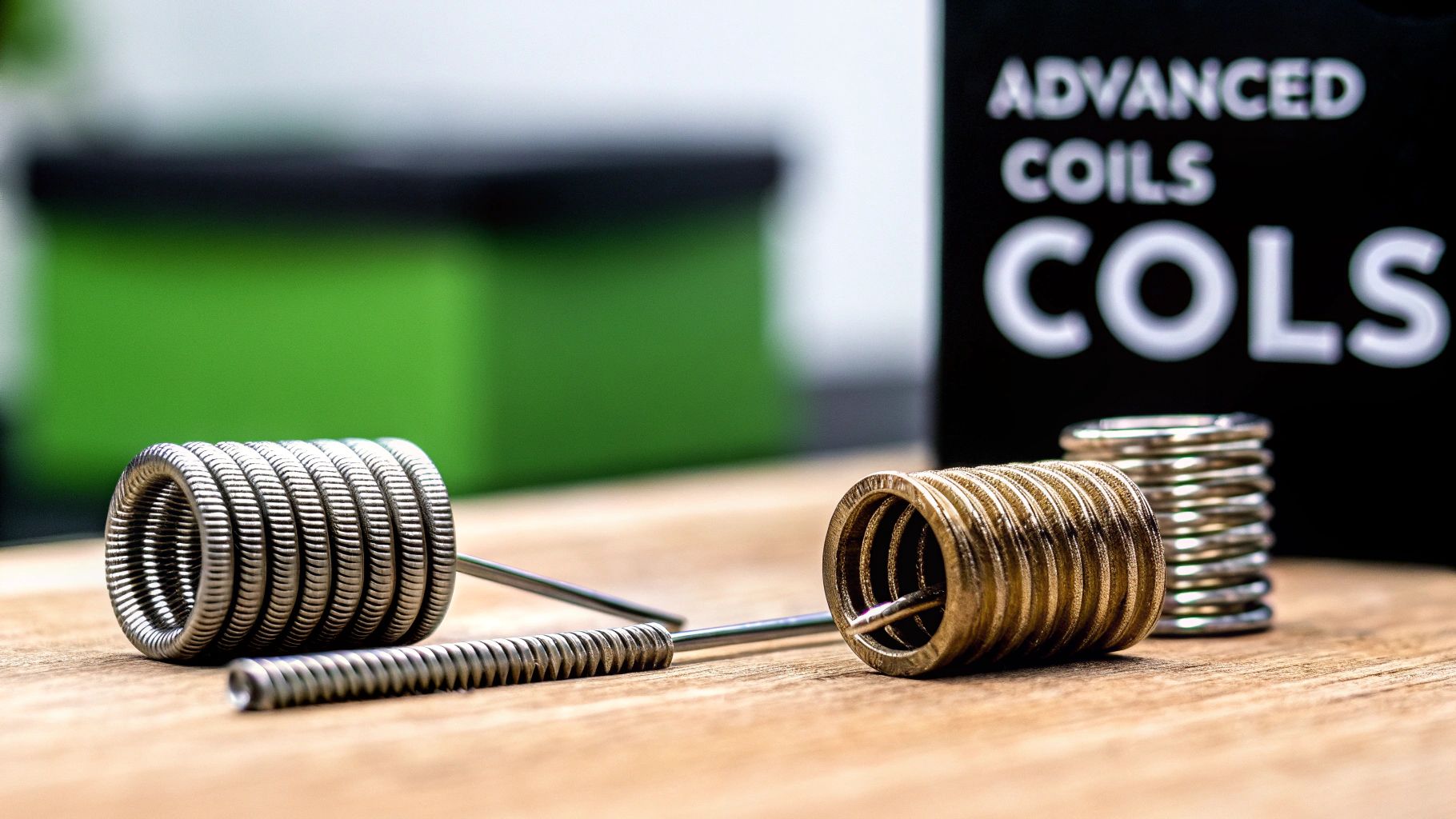 Close-up of various metallic vape coils, including a large silver one and a smaller gold one, on a wooden surface.