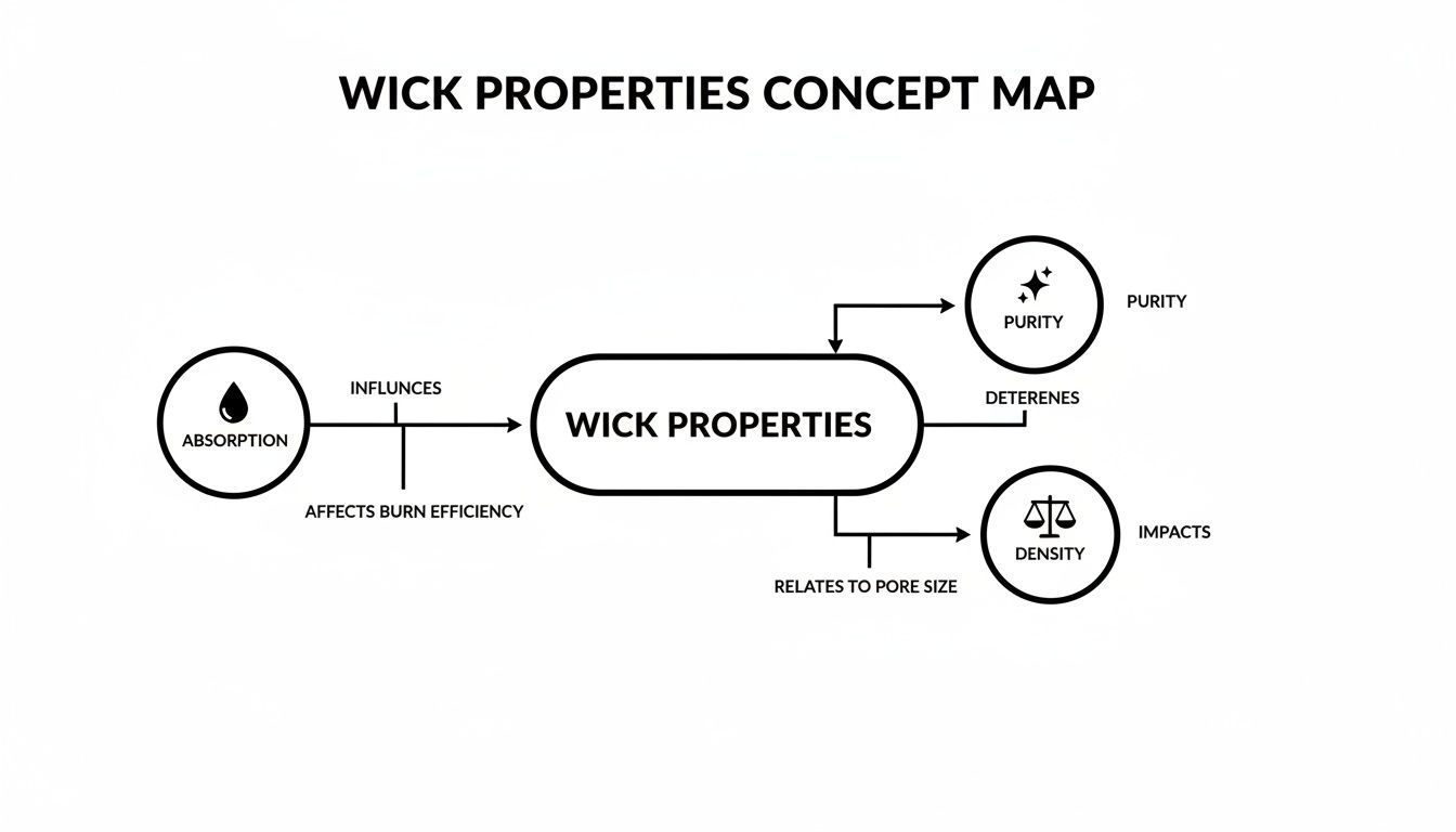 A concept map showing wick properties, their influences, and relationships, including absorption, purity, and density.