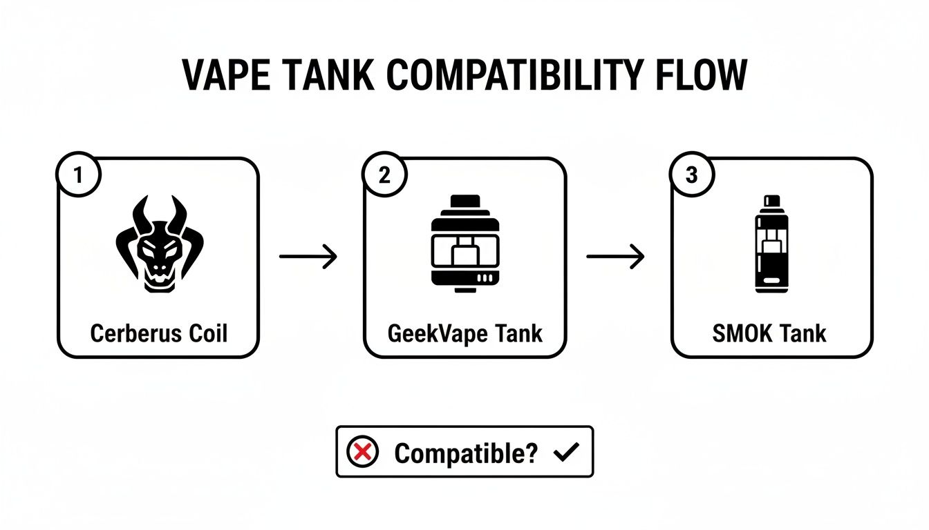 Flowchart illustrating vape tank compatibility, showing Cerberus Coil linking to GeekVape Tank and SMOK Tank.