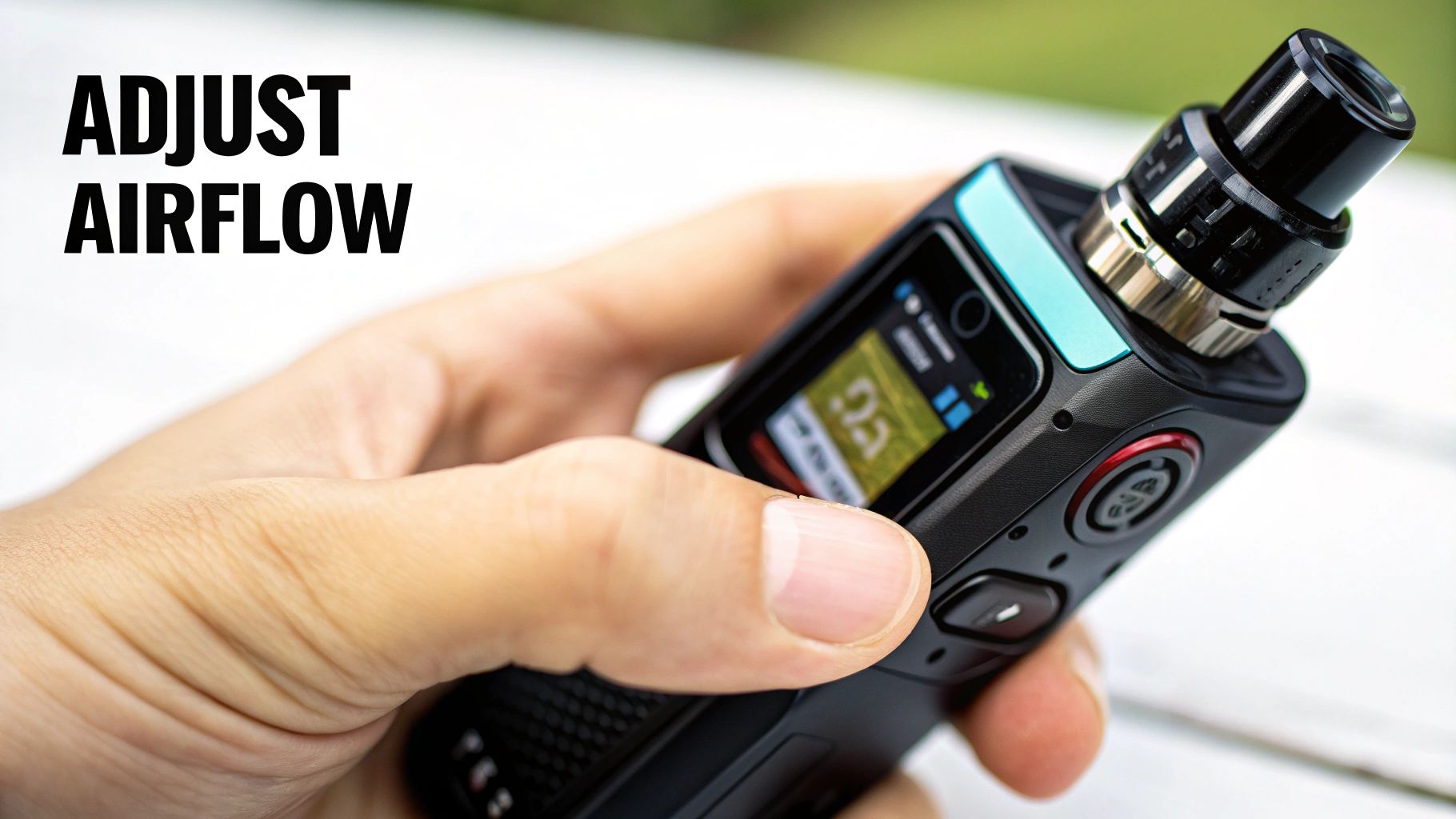 A hand holds a black Uwell Caliburn G2 vape, showing a screen and 'ADJUST AIRFLOW' text.