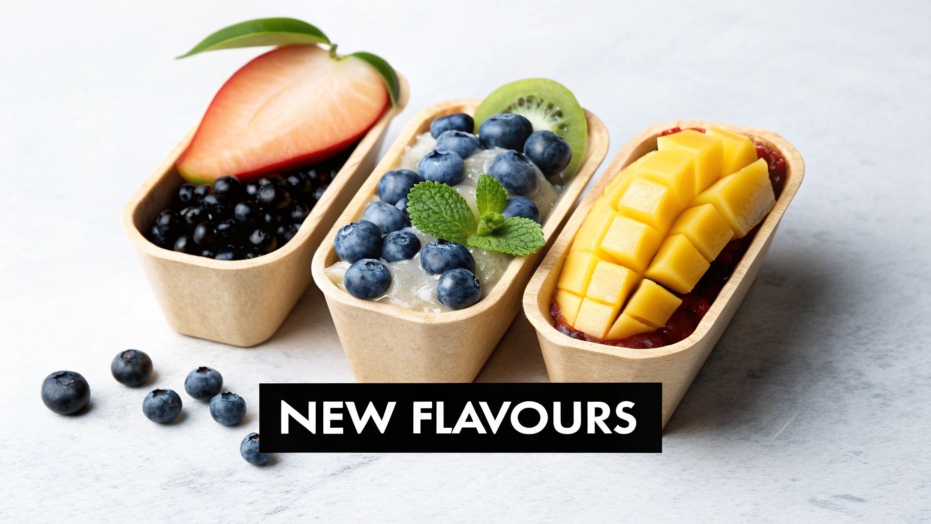 Three small dessert cups with fresh fruit: strawberry and blueberry, blueberry and kiwi, and diced mango. Text says 'NEW FLAVOURS'.