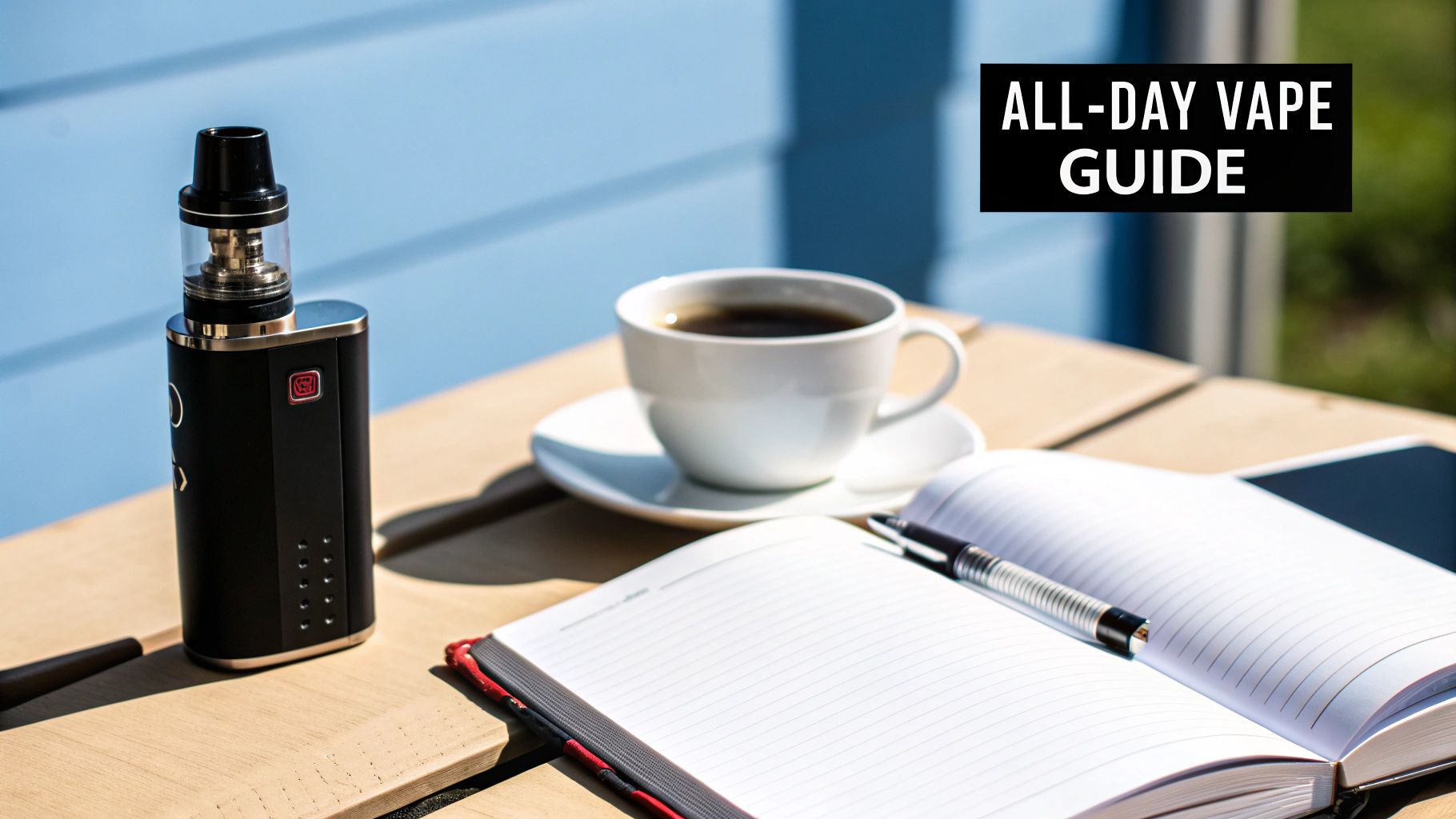 A black vape device, coffee cup, open notebook with a pen, and phone on a wooden table outdoors, with a text overlay 'ALL-DAY VAPE GUIDE'.