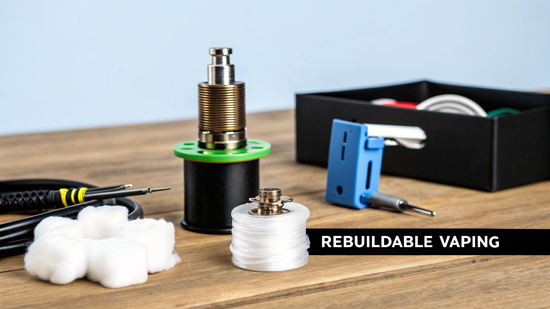 A collection of rebuildable vaping tools, wire, and cotton on a wooden table.