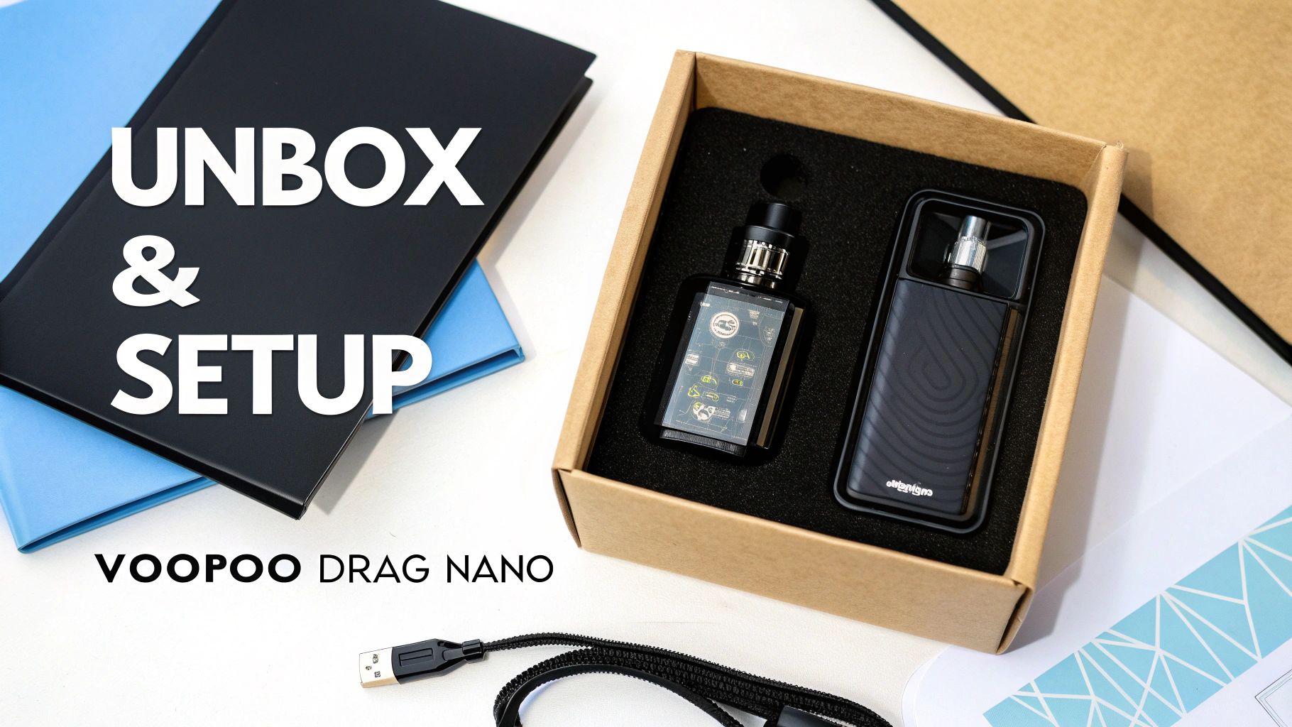 An open box reveals two black VOOPOO DRAG NANO vape devices and a USB cable for unboxing and setup.