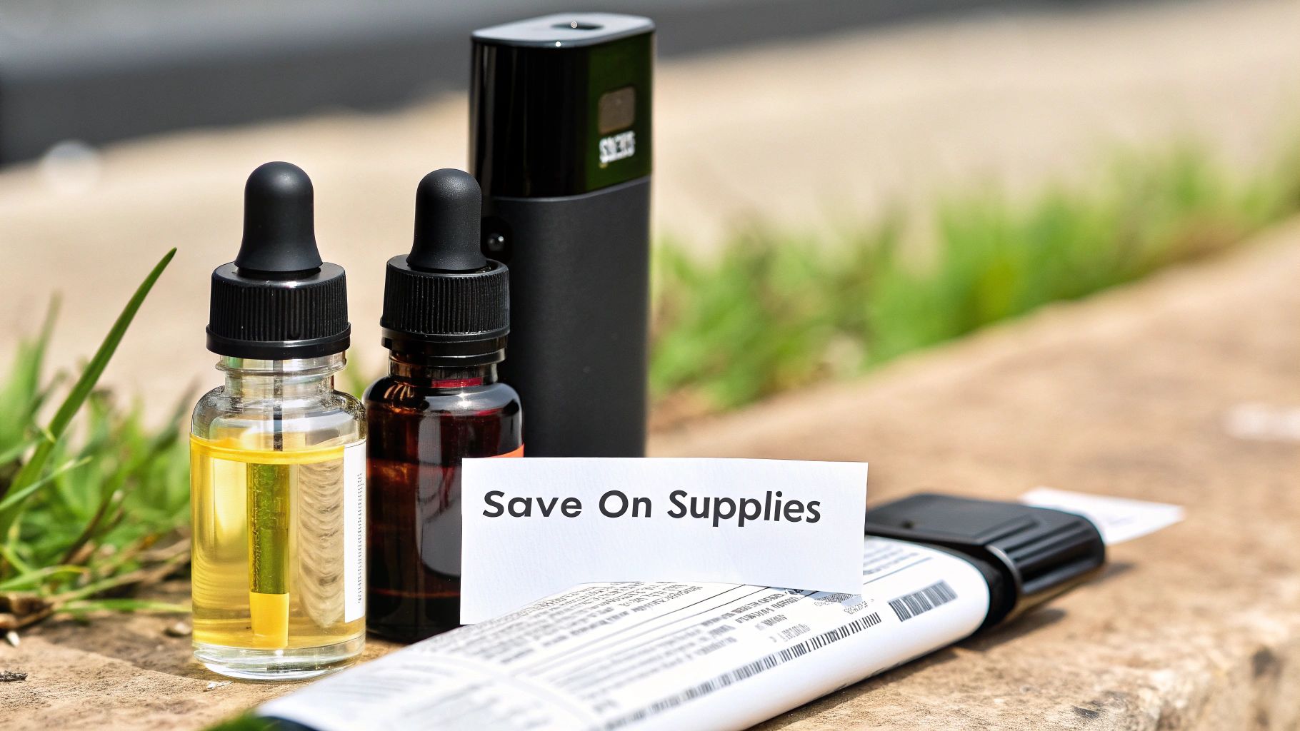 Vape supplies including two dropper bottles of e-liquid, a black vape device, and a 'Save On Supplies' note.