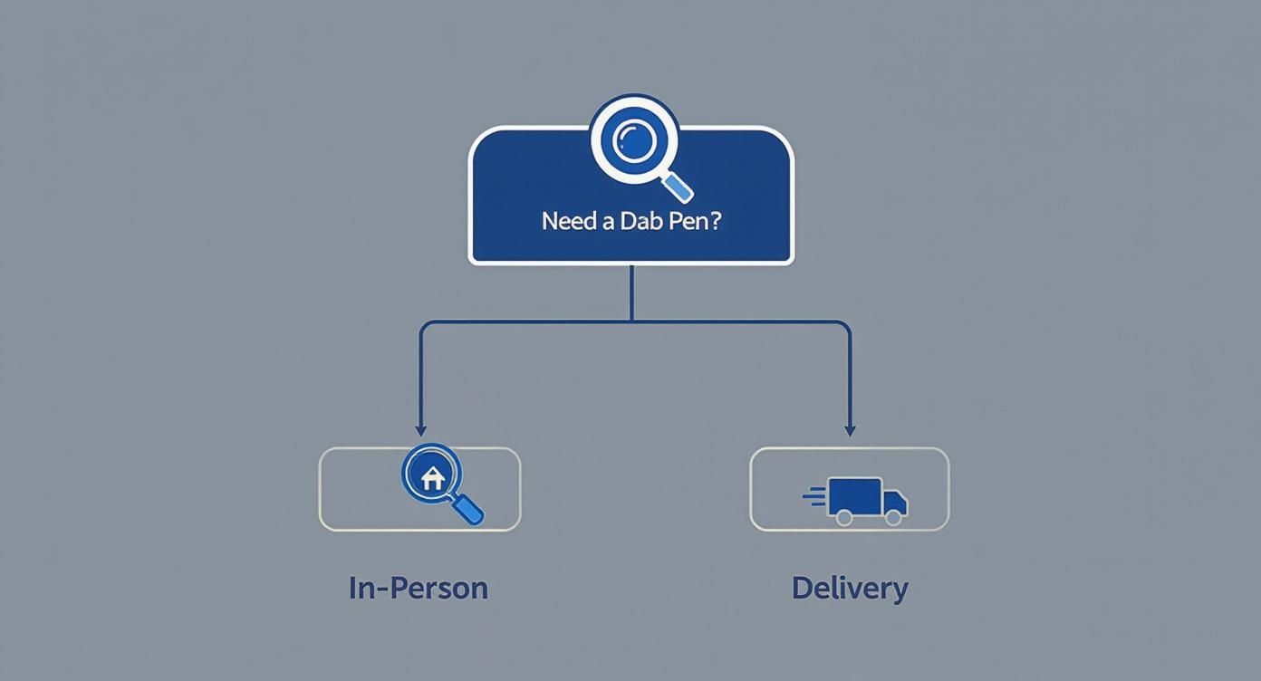 A flowchart asks 'Need a Dab Pen?' then presents 'In-Person' or 'Delivery' options.