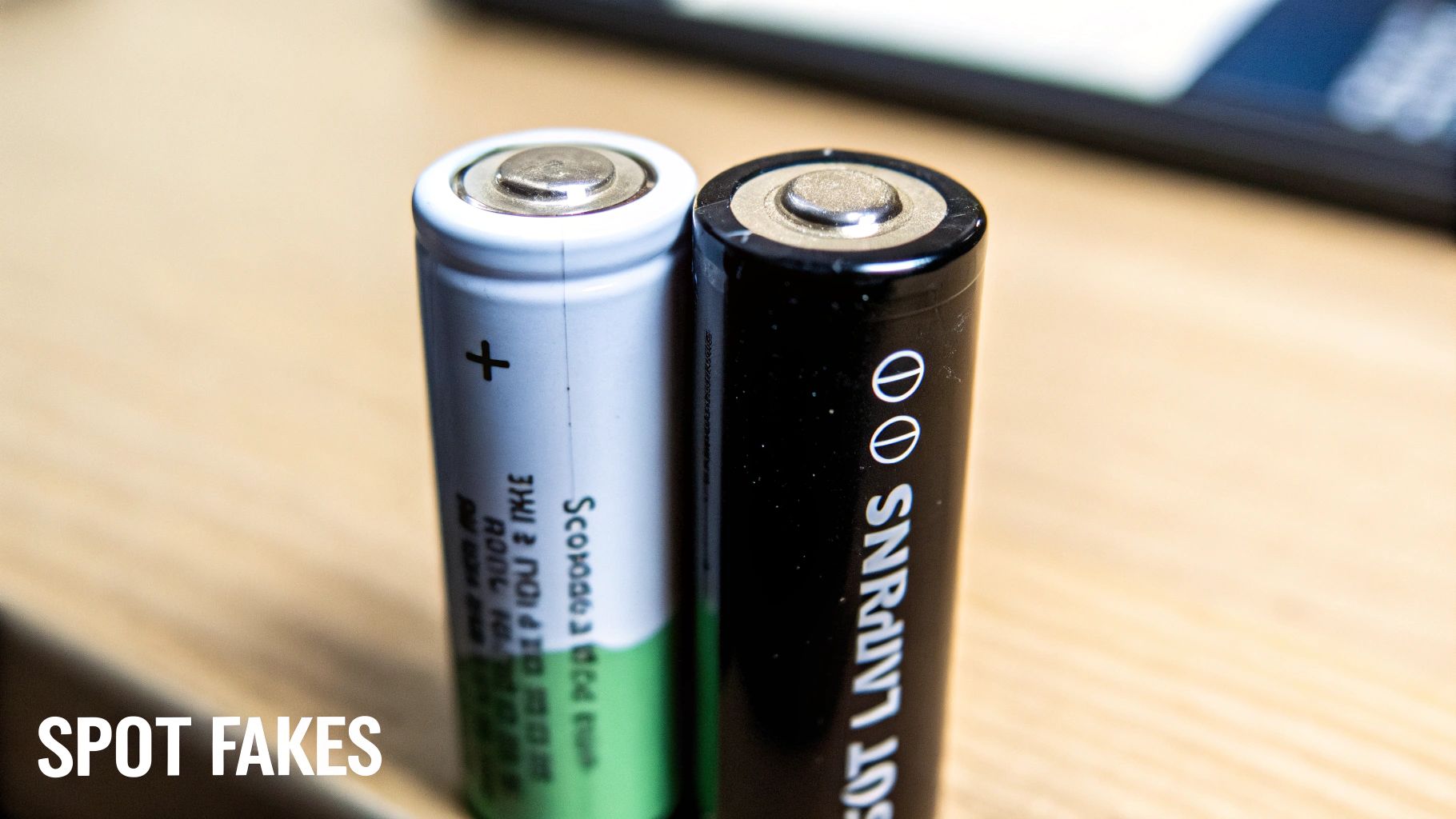 Close-up of two cylindrical batteries, one white and one black, showing positive terminals for spotting fakes.